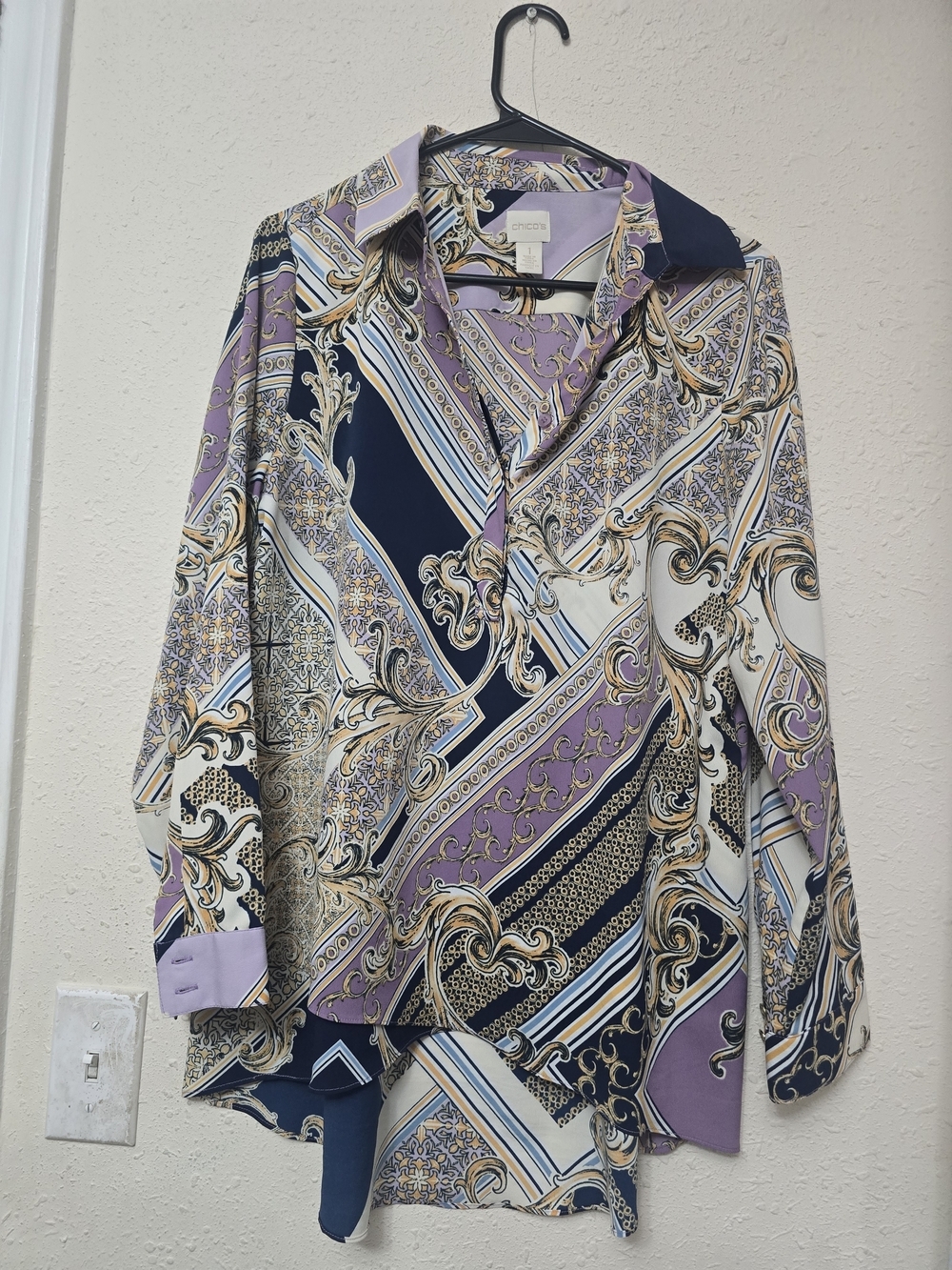 Chico's Purple Navy & Cream Baroque-Print Button-Down Shirt